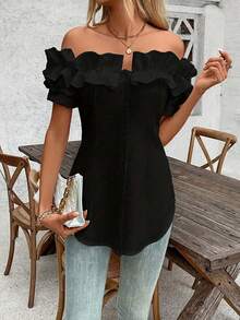 Talla Grande - Talla Grande - Camiseta de Mujer de Talla Grande, Color Sólido, Volantes y Hombros Descubiertos, Manga Corta - Negro - Ver 5