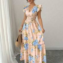 Vestido de vacaciones con cuello en V, manga corta y estampado floral romántico para mujer AG - Rosa - Ver 4