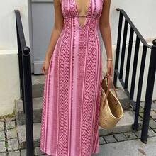 Nana's Women's Clothing Store  Vestido largo con cuello en V profundo, espalda descubierta y cintura con lazo en estilo línea A, elegante para mujeres en primavera/verano, boda, fiesta, minimalista, casual, uso diario - Rosa - Ver 6