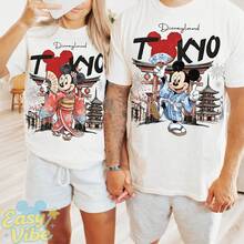 Disney 1PC Printed T-Shirt, Tokyo Disneyland Kimono Mickey & Minnie Couple T-Shirt, Unisex Cotton, All Seasons, Breathable, Great Gift - 男士白色T卹 - 查看 1
