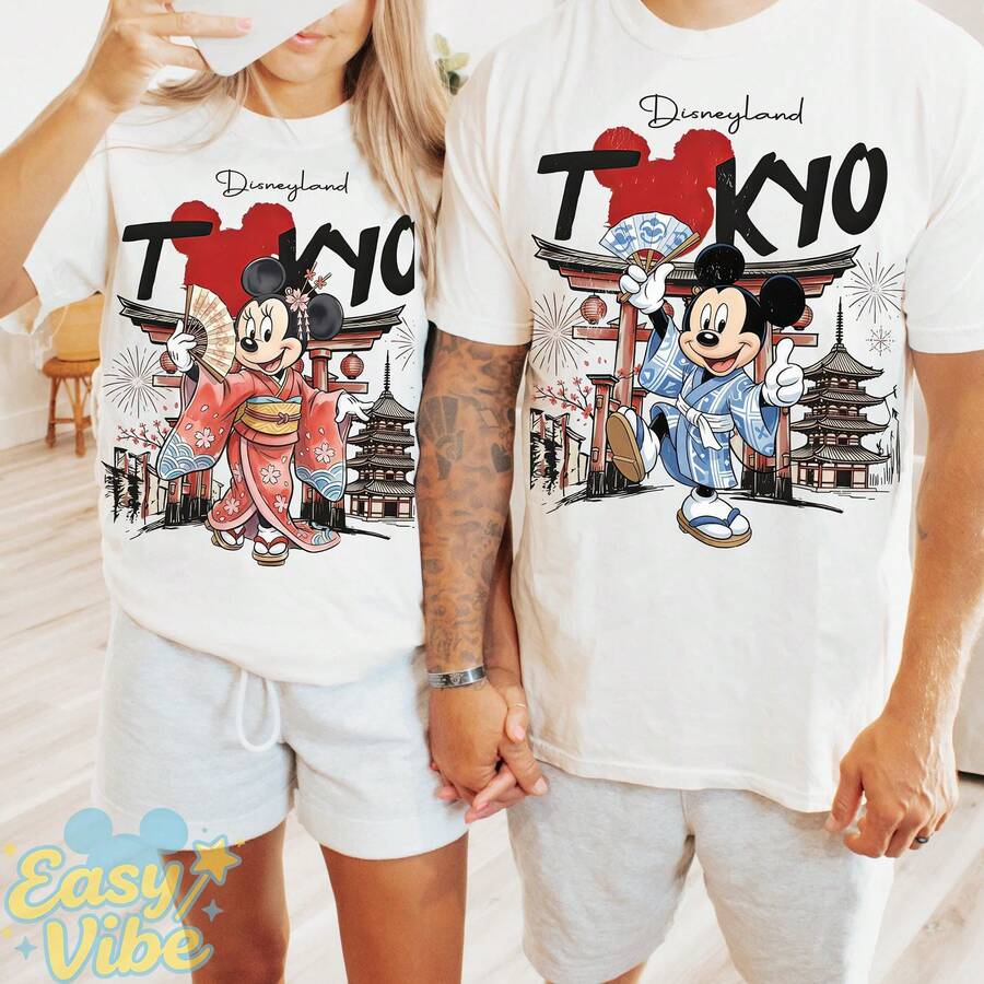 Disney 1PC Printed T-Shirt, Tokyo Disneyland Kimono Mickey & Minnie Couple T-Shirt, Unisex Cotton, All Seasons, Breathable, Great Gift - 男士白色T卹 - 查看 1