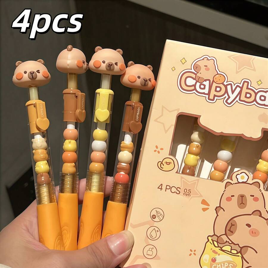 4Pcs Capybara Stackable Card Holder Retractable Gel Pen Set, Healing Milk Cream Style, 0.5mm ST Black Smooth Quick-Dry Ink, 3D Beaded Pen Top, Student Classroom Notes Homework Writing Stationery - Sets - View 1