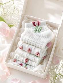 5 paia di calzini corti da donna assortiti casualmente con motivo floreale in rilievo, bianco puro, in rete traforata traspirante, stile semplice fresco e dolce, adatti per outfit primavera-estate in vari contesti - Multicolore - Visualizzare 7