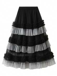 Women's Fashion Contrast Color Flared Skirt Black Spring - Black - View 4