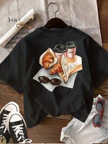 Minimalist. 100% Cotton. 1 Piece. Women's T-Shirt With Double-Sided Print, Illustration Style, Coffee Print, Croissant, Glasses, Casual, Crew Neck, Short Sleeve, Summer Top. Spring/Summer Top. - 黑色 - 查看 2