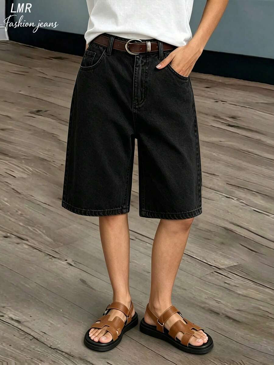 شورت برمودا جينز نسائي بلون موحد أسود كاجوال