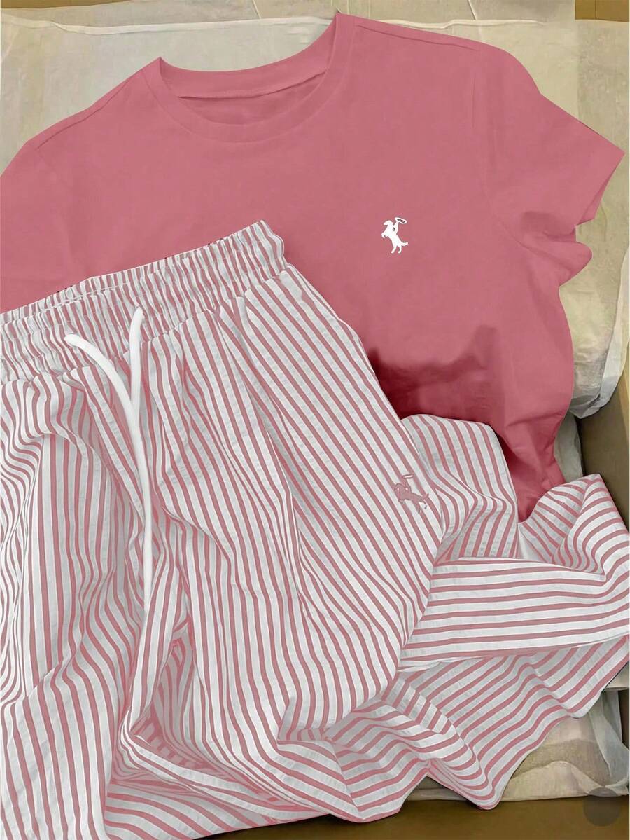 Conjunto casual de mujer con camiseta de manga corta de cuello redondo con estampado de caballero y pantalones con cordón en la cintura a rayas - Rosa - Ver 1