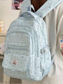 Ransel Polkadot dengan Pita, Tas Sekolah Siswa dengan Tempelan Kartun Lucu, Ransel Komuter Multi-Layer Kapasitas Besar - MultiWarna - View 8