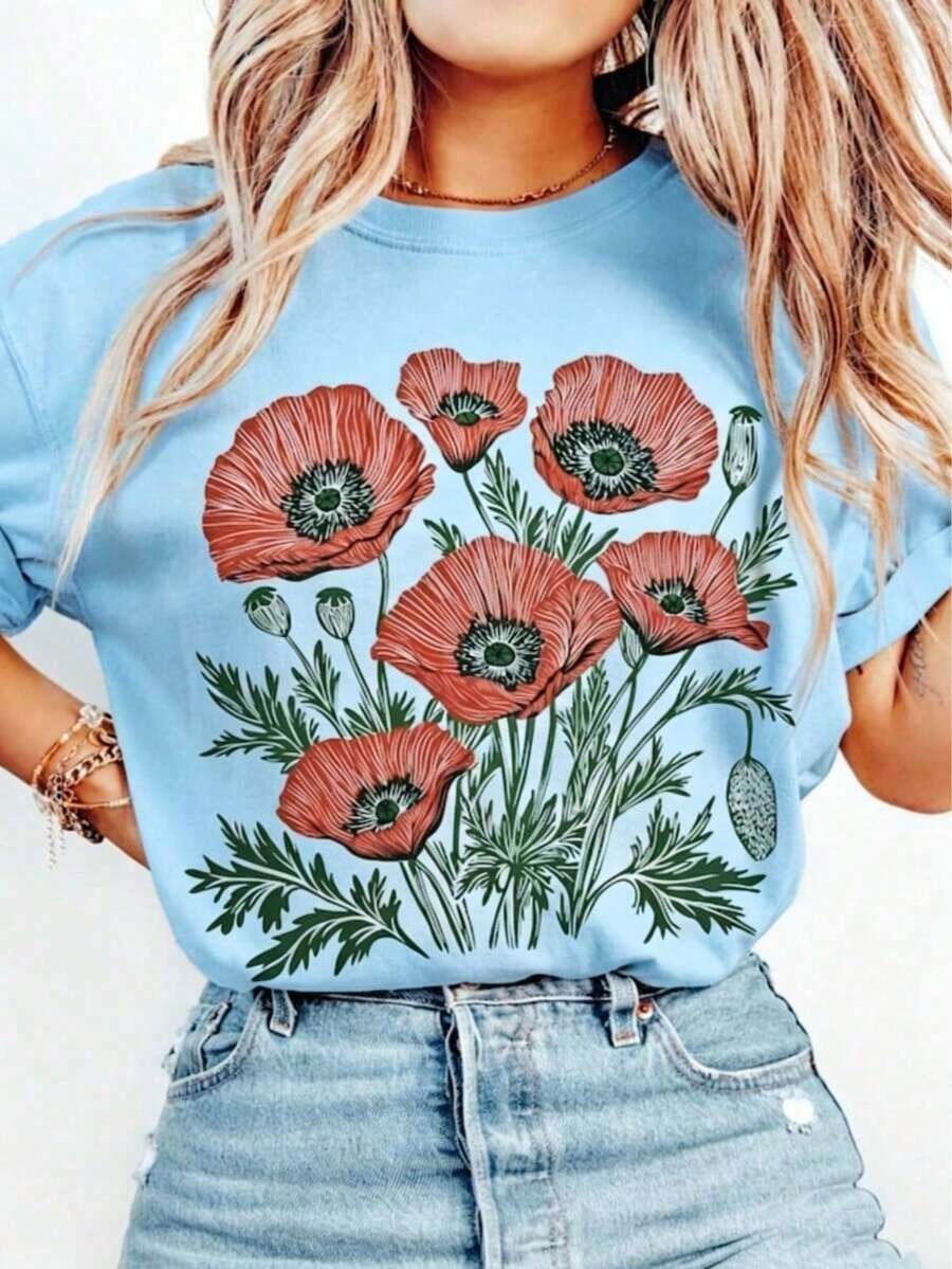 Poppy Print T-Shirt, Floral Print T-Shirt, Vintage Boho Poppy T-Shirt, Cottagecore Wildflower T-Shirt, Birthday Gift, Women's 100% Cotton Oversized T-Shirt, Women's Casual Print - 布埃 - 查看 1