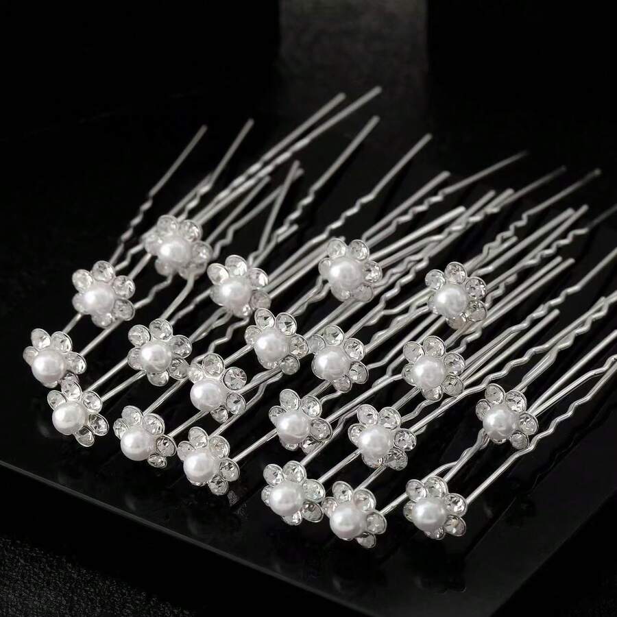 20-Piece Set Of New Women's Handmade Rhinestone Bridal Headwear, Fork-Shaped Hair Clips, U-Shaped Curly Hair, Wedding Hair Clips, Everyday Simple And Versatile - 6+1 Diamond Pearl Model - View 1