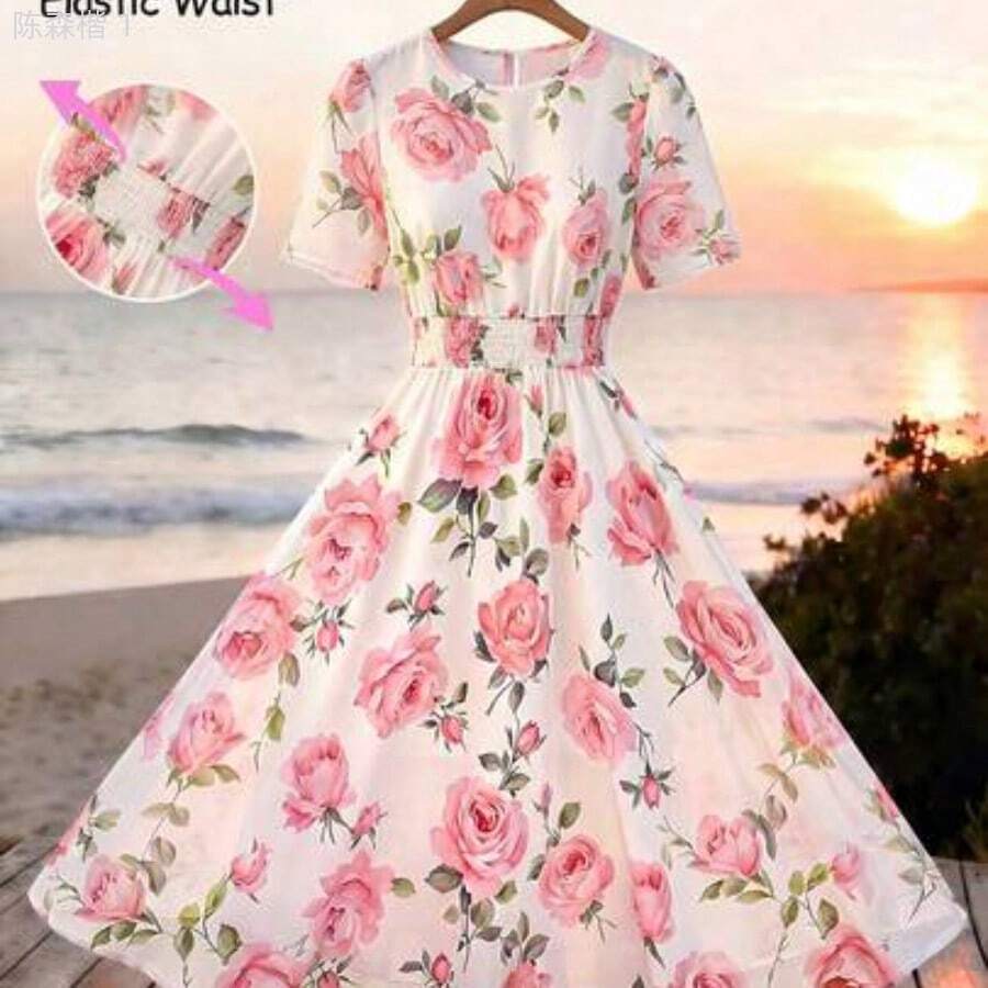 jianchaimaoyi02 Vestido elegante de longitud media con cuello redondo, manga corta, estampado floral y cinturón para mujer - Blanco - Ver 1