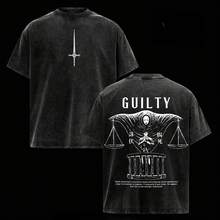 Camiseta de manga corta de algodón suave y grueso para hombre, estilo oversize - Hiromi Higuruma, negra lavada, cuello redondo, estampado gráfico vintage, estampado de manga - Negro - Ver 1