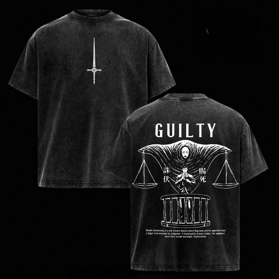 Camiseta de manga corta de algodón suave y grueso para hombre, estilo oversize - Hiromi Higuruma, negra lavada, cuello redondo, estampado gráfico vintage, estampado de manga - Negro - Ver 1