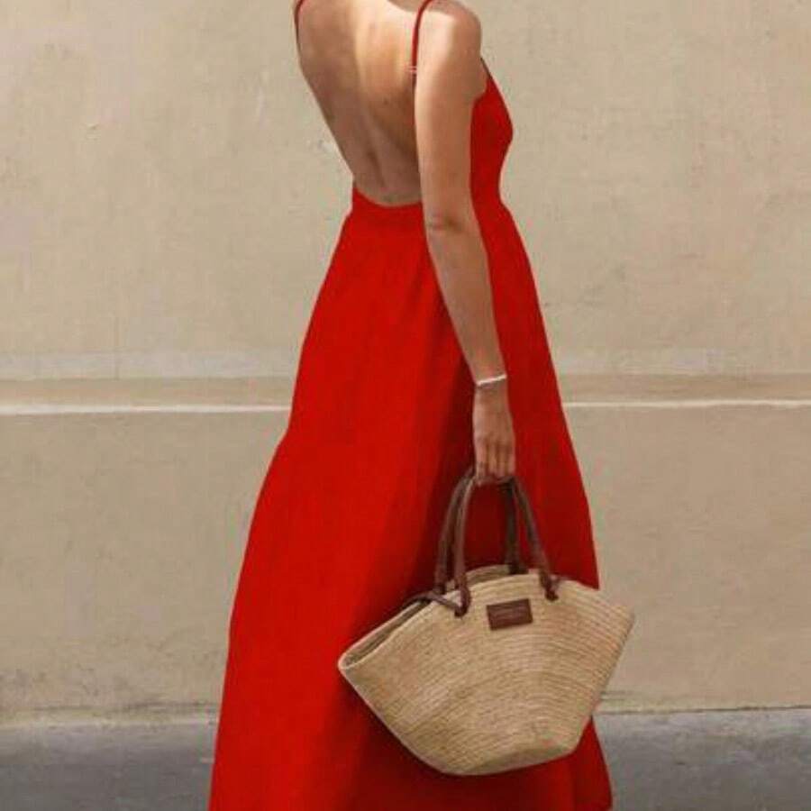 ghadjgyjad Vestido bohemio de mujer con tirantes finos, espalda descubierta y volantes en el bajo, de unicolor, ligero y transpirable, perfecto para vacaciones, ocio y actividades al aire libre, elegante para fiestas de verano - Rojo - Ver 1