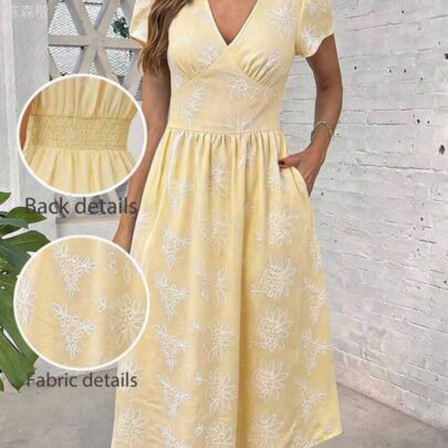 yonghongmaoyi1 Clasi Vestido midi elegante de manga corta con cuello en V, fruncido y corte evasé, con estampado floral pequeño, para uso diario y vacaciones, primavera/verano - amarillo ganso - Ver 1