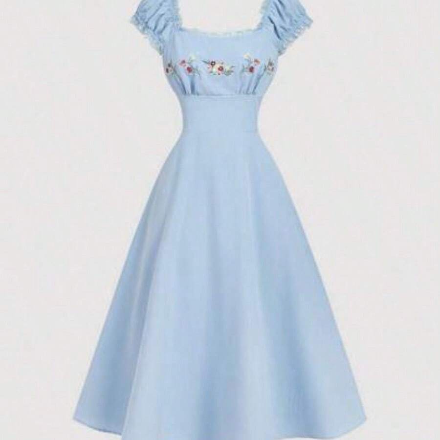 MOD Vestido midi de mujer con cuello cuadrado de encaje de contraste, mangas de concha bordadas, color azul marino - Azul - Ver 1