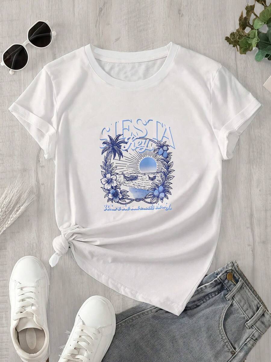 Una camisa de mujer de manga corta y cuello redondo con estampado del "Día de los Caídos", apta para todas las estaciones. - Blanco - Ver 1