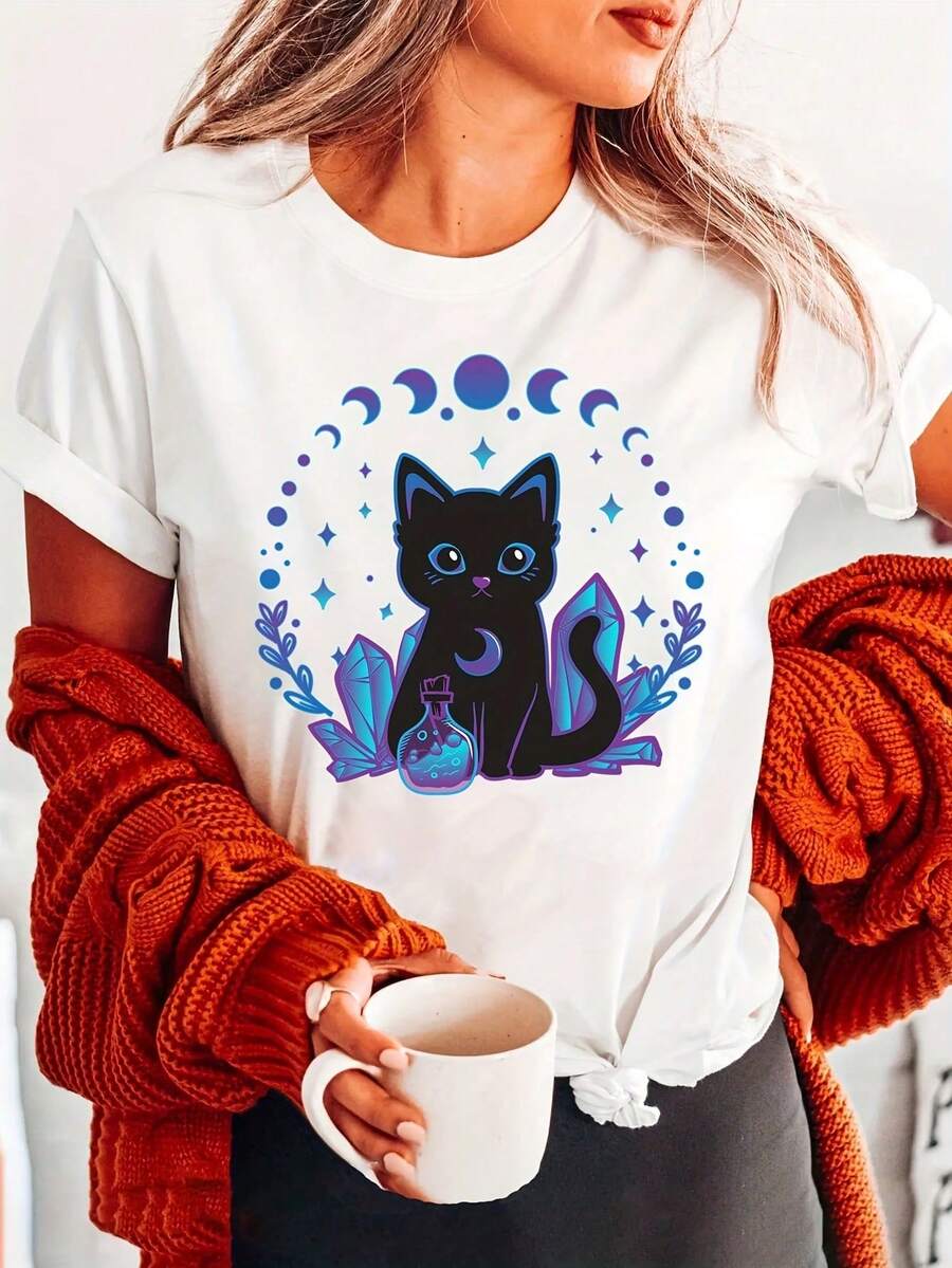 Women's Kawaii Goth Witchy Style Short-Sleeve T-Shirt With Black Cat - Crystal Alchemy Gothic Subculture T-Shirt, Short Sleeve, Round Neck, Casual For Summer And Spring, Kawaii Cat Lady Outfit, 100% Cotton - 白色的 - 查看 1