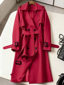Women's Versatile Elegant Autumn/Winter Trench Coat, Elegant Commuter Casual Coat, New Year Outfit Red - Red - View 7