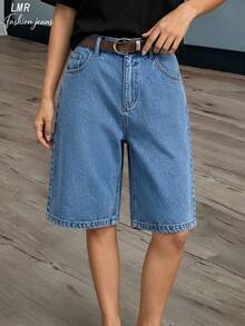 Celana Pendek Bermuda Denim Polos Wanita Kasual Musim Panas - Light Wash - View 5