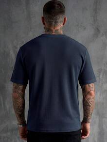Nueva camiseta de punto para hombre, cuello redondo de verano, camiseta de manga corta casual y sencilla, transpirable - Azul Marino - Ver 2