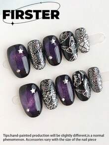10pcs Short Oval Handmade Press On Nails, Summer Nails, Black & Purple Cat Eye Fake Nails, Butterfly, Star & Crackle Nail Art, Glossy Finish, Reusable Acrylic Nails For Daily Wear - Multicolor - View 2