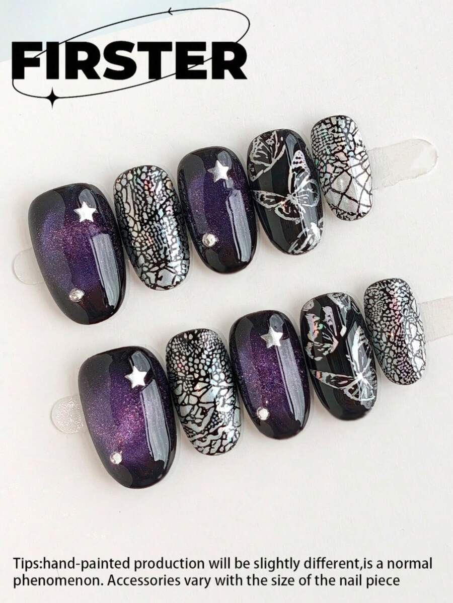 10pcs Short Oval Handmade Press On Nails, Summer Nails, Black & Purple Cat Eye Fake Nails, Butterfly, Star & Crackle Nail Art, Glossy Finish, Reusable Acrylic Nails For Daily Wear