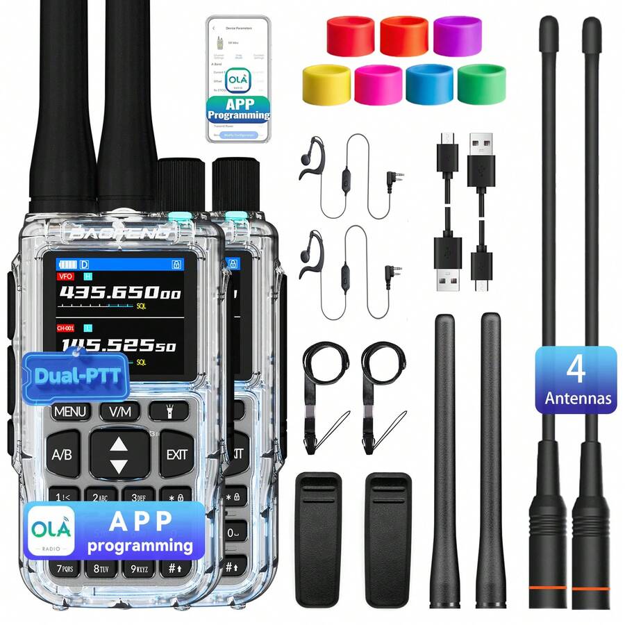2pcs BAOFENG MINI 5 Lightweight Walkie Talkie Set, Includes 701 Antenna*2, 7-Color Antenna Rings, Electronic Outdoor Communication Device, Portable And Easy To Carry, Suitable For Fishing, Hiking, Hotel, Convoy - Transparent - View 1