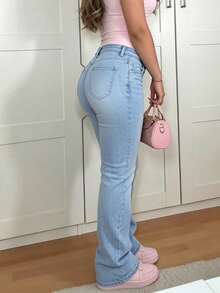 MYOURSA Y2k Low Waist Flare Leg Jeans, Stretch Washed Denim Fabric, Casual Street Style, Zipper Fly, Holiday Outfit, Women's - Light Wash - View 4