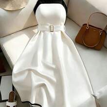 dahkjdgajy  Vestido corto negro y blanco para mujer, vestido rojo con cinturón para primavera/verano, vestido de moda elegante y chic, vestido de mujer elegante, vestido formal de alta calidad para mujer - Rojo y negro - Ver 2