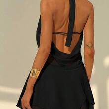 LunaCass8  Nuevo vestido mini de primavera/verano sexy con espalda descubierta, unicolor, cuello halter profundo con drapeado asimétrico y volantes en el bajo - Agua verde azul - Ver 3