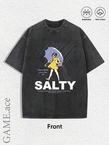 1 Piece Summer Top, Y2K Swag T-Shirt, Salty Meme Vintage Wash T-Shirt - Rainy Girl Graphic For Gen Z Streetwear And Dark Humor Lovers, Men's Spring/Summer/Autumn Clothing, Regula - 後退 - 查看 1