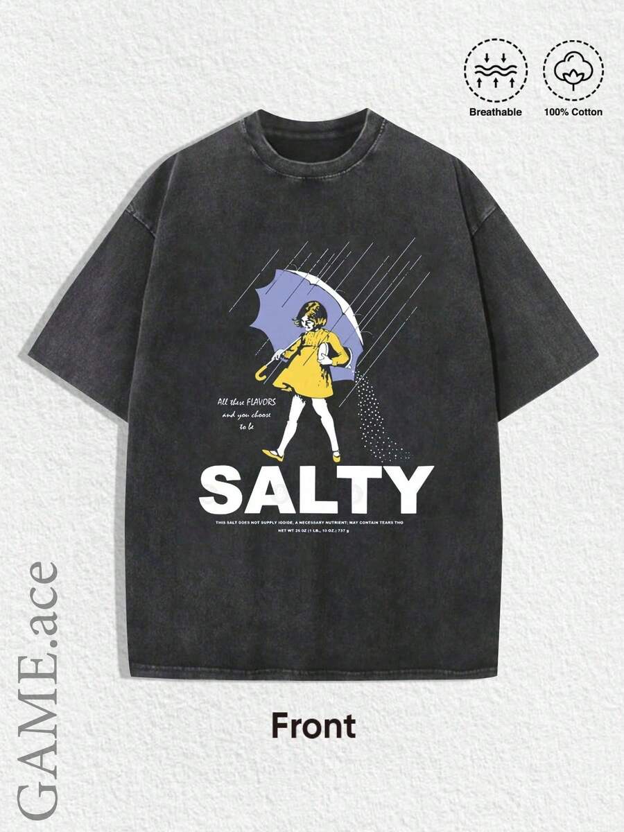 1 Piece Summer Top, Y2K Swag T-Shirt, Salty Meme Vintage Wash T-Shirt - Rainy Girl Graphic For Gen Z Streetwear And Dark Humor Lovers, Men's Spring/Summer/Autumn Clothing, Regula - 後退 - 查看 1