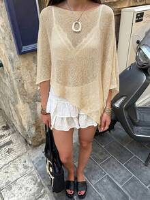 New Spring/Summer Women's Beige Loose Lightweight Sun Protection Cape Sleeve Knit Top, Suitable For Outings, Dates, Beach - Light Apricot - View 7