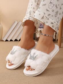 Pantuflas de casa estilo princesa con diseño de corona, abiertas de punta, de felpa, cálidas, cómodas y esponjosas, sandalias tipo slide para mujer - Gris - Ver 3