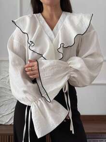 Blusa casual francesa con volantes superpuestos y colores contrastantes - Blanco - Ver 3