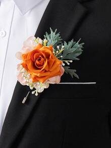 1 pièce/2 pièces Rose orange avec hortensia bordeaux et gypsophile blanc, style Mori, corsage élégant et fleur de poignet, convient pour le marié, la mariée, les garçons d'honneur et les demoiselles d'honneur - orange - Voir 8