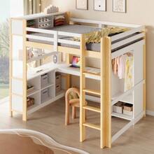 Loft Bed, 140x200 Cm, Shelves, Multiple Storage Compartments, Desk, Wardrobe, Without Mattress, Natural - Natural - View 5