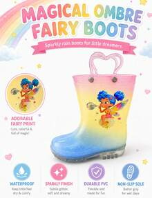 Girls Glitter Gradient Rain Boots, Waterproof Non Slip Jelly Boots With Heart Handles And Fairy Print For Toddlers Kids - Multicolor - View 7
