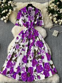 Elegant Women's Floral Print Dress With Short Sleeves, Lapel Collar, And Fitted Waist - Romantic Rose Design, Perfect For Spring Outings, Garden Parties, And Casual Events | Garden Party Dress | Floral Print Dress | Stylish Dress - 磨砂黑 - 查看 1