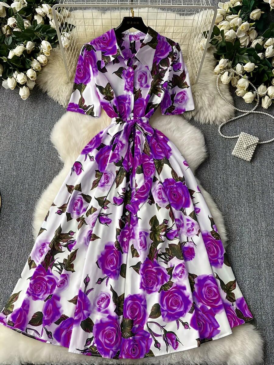 Elegant Women's Floral Print Dress With Short Sleeves, Lapel Collar, And Fitted Waist - Romantic Rose Design, Perfect For Spring Outings, Garden Parties, And Casual Events | Garden Party Dress | Floral Print Dress | Stylish Dress - 磨砂黑 - 查看 1