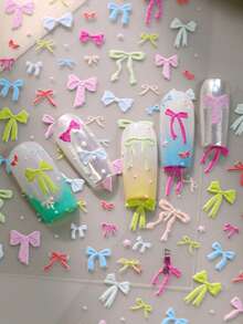1 Sheet 5D Embossed Colorful Bow Nail Stickers Self-Adhesive Cute Bowknot Nail Art Decals, Pastel Macaron Ribbon Bow Nail Decorations For DIY Manicure Accessories - 彩色 - 查看 4