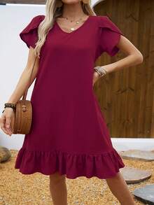 Women's Dress With V-Neck, Shell Sleeves And Ruffles - 鵝黃色 - 查看 5