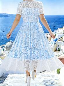 Plus Size Women's Long Dress, Elegant And Simple With Lace Details, Ideal For Holidays Or Parties, Belt Not Included - 灰藍色 - 查看 11