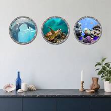 3 buah Stiker Dinding Visual 3D Pemandangan Bawah Laut dan Dunia Hewan Laut, Stiker PVC Tahan Air yang Dapat Dilepas dan Dilekatkan Sendiri, Cocok untuk Kamar Mandi, Kamar Tidur, Furnitur, dan Dekorasi Rumah. - Stiker kamar mandi - View 3