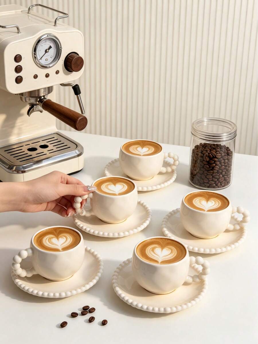 6 Sets / 1 Set 90ml (Approx. 3oz) French Vintage Style Faux Pearl Rim Ceramic Cup And Saucer Set, Minimalist Aesthetic Drinkware Suitable For Home Cafe Use, Espresso Cups For Afternoon Tea, Mother's Day Gift, Graduation Gift, Summer Kitchen Essential, Birthday Decoration, Graduation Gifts For Girls, Coffee And Tea Basket, Soft Drink, Soft Drink - Multicolor - View 1