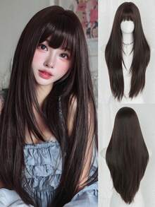 7JHH WIGS 32吋棕色長層次直髮女用假髮－優雅瀏海假髮，深色髮根，自然蓬鬆極柔軟合成耐熱纖維全機製假髮，適合女孩日常、音樂節派對、Cosplay動漫使用 - 棕色 - 查看 2