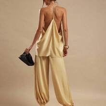 Pantalones de satén elegantes tipo farol para mujer, color amarillo jengibre, corte slim, apropiados para salir, brunch, verano, bodas, luna de miel, vacaciones en la playa - Granada - Ver 5