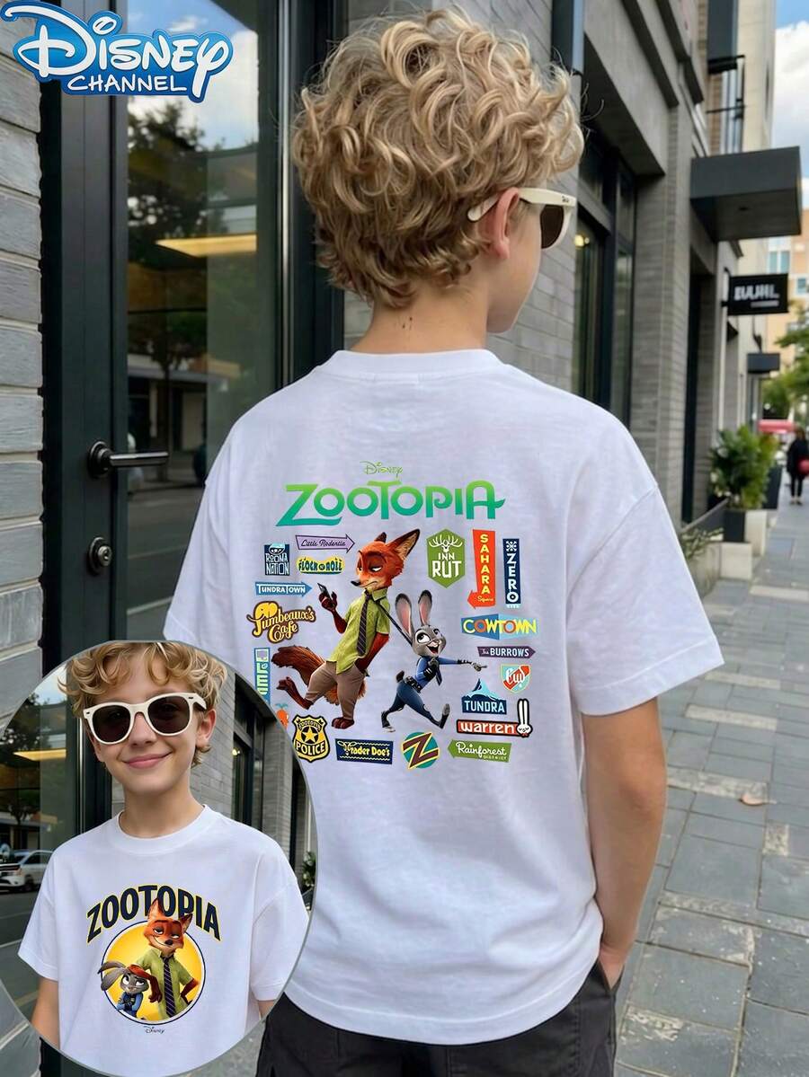 1 Piece Boys Casual Disney Zootopia Nick Wilde Judy Hopps 2 Side Print Graphic Short Sleeve T Shirt Teen Boy Clothes Boys Clothes Shirts - White - View 1