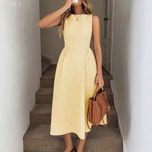 yonghongmaoyi1  X GALILEA  LUNE Vestido midi entallado en la cintura con pliegues, de cuello redondo y sin mangas, de tela de algodón a rayas, casual, elegante para el resort y uso diario para mujeres - Multicolor - Ver 8